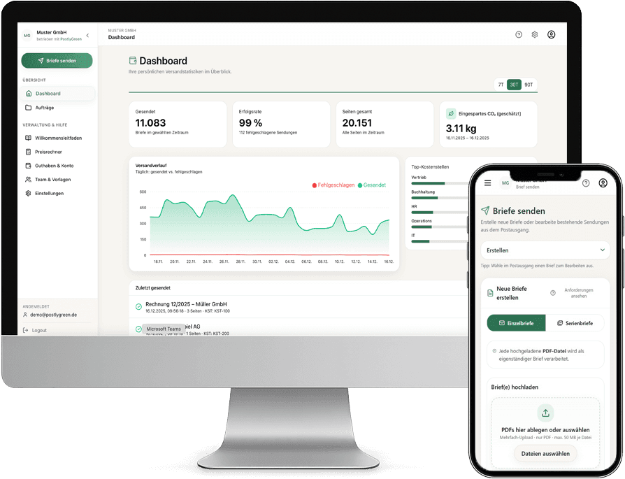 PostlyGreen – Oberfläche & Workflow